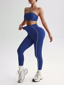 Easithlete Conjunto de Sutiã Esportivo e Legging Sem Costura com Estampa de Listras Rosas para Mulheres