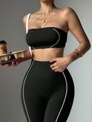 Easithlete Conjunto de Sutiã Esportivo e Legging Sem Costura com Estampa de Listras Rosas para Mulheres