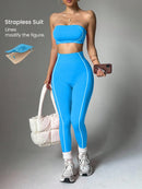 Easithlete Conjunto de Sutiã Esportivo e Legging Sem Costura com Estampa de Listras Rosas para Mulheres