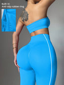 Easithlete Conjunto de Sutiã Esportivo e Legging Sem Costura com Estampa de Listras Rosas para Mulheres