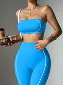 Easithlete Conjunto de Sutiã Esportivo e Legging Sem Costura com Estampa de Listras Rosas para Mulheres