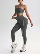 Easithlete Conjunto de Sutiã Esportivo e Legging Sem Costura com Estampa de Listras Rosas para Mulheres