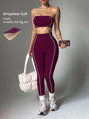 Easithlete Conjunto de Sutiã Esportivo e Legging Sem Costura com Estampa de Listras Rosas para Mulheres
