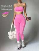 Conjunto de Sutiã Esportivo e Legging Sem Costura com Estampa de Listras Rosas para Mulheres