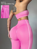 Easithlete Conjunto de Sutiã Esportivo e Legging Sem Costura com Estampa de Listras Rosas para Mulheres