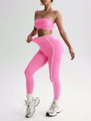 Easithlete Conjunto de Sutiã Esportivo e Legging Sem Costura com Estampa de Listras Rosas para Mulheres
