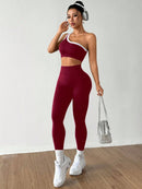 Dewbera Conjunto Esportivo Feminino com Camiseta Ioga Sem Costura Ombro Único, Levantamento de Bumbum e Alta Elasticidade