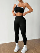 Conjunto Esportivo Feminino com Camiseta Ioga Sem Costura Ombro Único, Levantamento de Bumbum e Alta Elasticidade