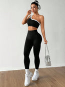 Dewbera Conjunto Esportivo Feminino com Camiseta Ioga Sem Costura Ombro Único, Levantamento de Bumbum e Alta Elasticidade