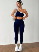 Dewbera Conjunto Esportivo Feminino com Camiseta Ioga Sem Costura Ombro Único, Levantamento de Bumbum e Alta Elasticidade