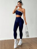 Dewbera Conjunto Esportivo Feminino com Camiseta Ioga Sem Costura Ombro Único, Levantamento de Bumbum e Alta Elasticidade