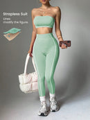 Conjunto de Sutiã Esportivo e Legging Sem Costura com Estampa de Listras Rosas para Mulheres