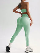 Easithlete Conjunto de Sutiã Esportivo e Legging Sem Costura com Estampa de Listras Rosas para Mulheres