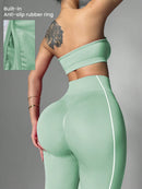 Easithlete Conjunto de Sutiã Esportivo e Legging Sem Costura com Estampa de Listras Rosas para Mulheres