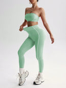 Easithlete Conjunto de Sutiã Esportivo e Legging Sem Costura com Estampa de Listras Rosas para Mulheres