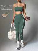 Easithlete Conjunto de Sutiã Esportivo e Legging Sem Costura com Estampa de Listras Rosas para Mulheres