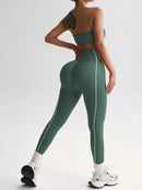 Easithlete Conjunto de Sutiã Esportivo e Legging Sem Costura com Estampa de Listras Rosas para Mulheres