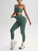 Easithlete Conjunto de Sutiã Esportivo e Legging Sem Costura com Estampa de Listras Rosas para Mulheres