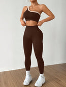 Conjunto Esportivo Feminino com Camiseta Ioga Sem Costura Ombro Único, Levantamento de Bumbum e Alta Elasticidade