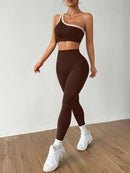 Dewbera Conjunto Esportivo Feminino com Camiseta Ioga Sem Costura Ombro Único, Levantamento de Bumbum e Alta Elasticidade