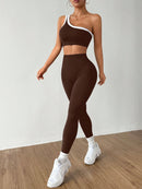 Dewbera Conjunto Esportivo Feminino com Camiseta Ioga Sem Costura Ombro Único, Levantamento de Bumbum e Alta Elasticidade