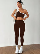 Dewbera Conjunto Esportivo Feminino com Camiseta Ioga Sem Costura Ombro Único, Levantamento de Bumbum e Alta Elasticidade