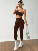 Dewbera Conjunto Esportivo Feminino com Camiseta Ioga Sem Costura Ombro Único, Levantamento de Bumbum e Alta Elasticidade