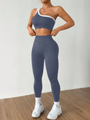 Conjunto Esportivo Feminino com Camiseta Ioga Sem Costura Ombro Único, Levantamento de Bumbum e Alta Elasticidade