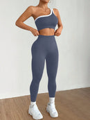 Dewbera Conjunto Esportivo Feminino com Camiseta Ioga Sem Costura Ombro Único, Levantamento de Bumbum e Alta Elasticidade