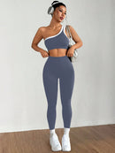 Dewbera Conjunto Esportivo Feminino com Camiseta Ioga Sem Costura Ombro Único, Levantamento de Bumbum e Alta Elasticidade