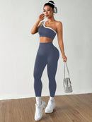 Dewbera Conjunto Esportivo Feminino com Camiseta Ioga Sem Costura Ombro Único, Levantamento de Bumbum e Alta Elasticidade