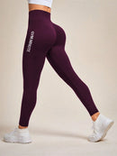 Calça Legging  Esportiva Elástica Simples e Casual com Estampa de Letra, Cintura Alta, para Ioga, Mulheres