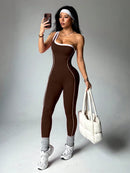 Dewbera 1 Peça Macacão Aderente de Ioga Tricotado Sem Costura para Mulheres