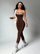 Dewbera 1 Peça Macacão Aderente de Ioga Tricotado Sem Costura para Mulheres