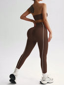 Easithlete Conjunto de Sutiã Esportivo e Legging Sem Costura com Estampa de Listras Rosas para Mulheres