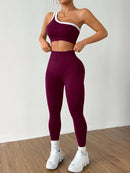 Conjunto Esportivo Feminino com Camiseta Ioga Sem Costura Ombro Único, Levantamento de Bumbum e Alta Elasticidade