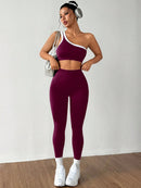 Dewbera Conjunto Esportivo Feminino com Camiseta Ioga Sem Costura Ombro Único, Levantamento de Bumbum e Alta Elasticidade