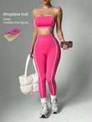 Conjunto de Sutiã Esportivo e Legging Sem Costura com Estampa de Listras Rosas para Mulheres