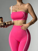 Easithlete Conjunto de Sutiã Esportivo e Legging Sem Costura com Estampa de Listras Rosas para Mulheres