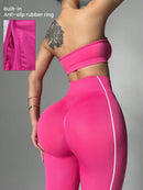 Easithlete Conjunto de Sutiã Esportivo e Legging Sem Costura com Estampa de Listras Rosas para Mulheres