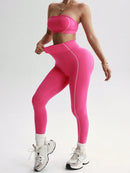 Easithlete Conjunto de Sutiã Esportivo e Legging Sem Costura com Estampa de Listras Rosas para Mulheres