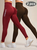 Calça Legging  Esportiva Elástica Simples e Casual com Estampa de Letra, Cintura Alta, para Ioga, Mulheres