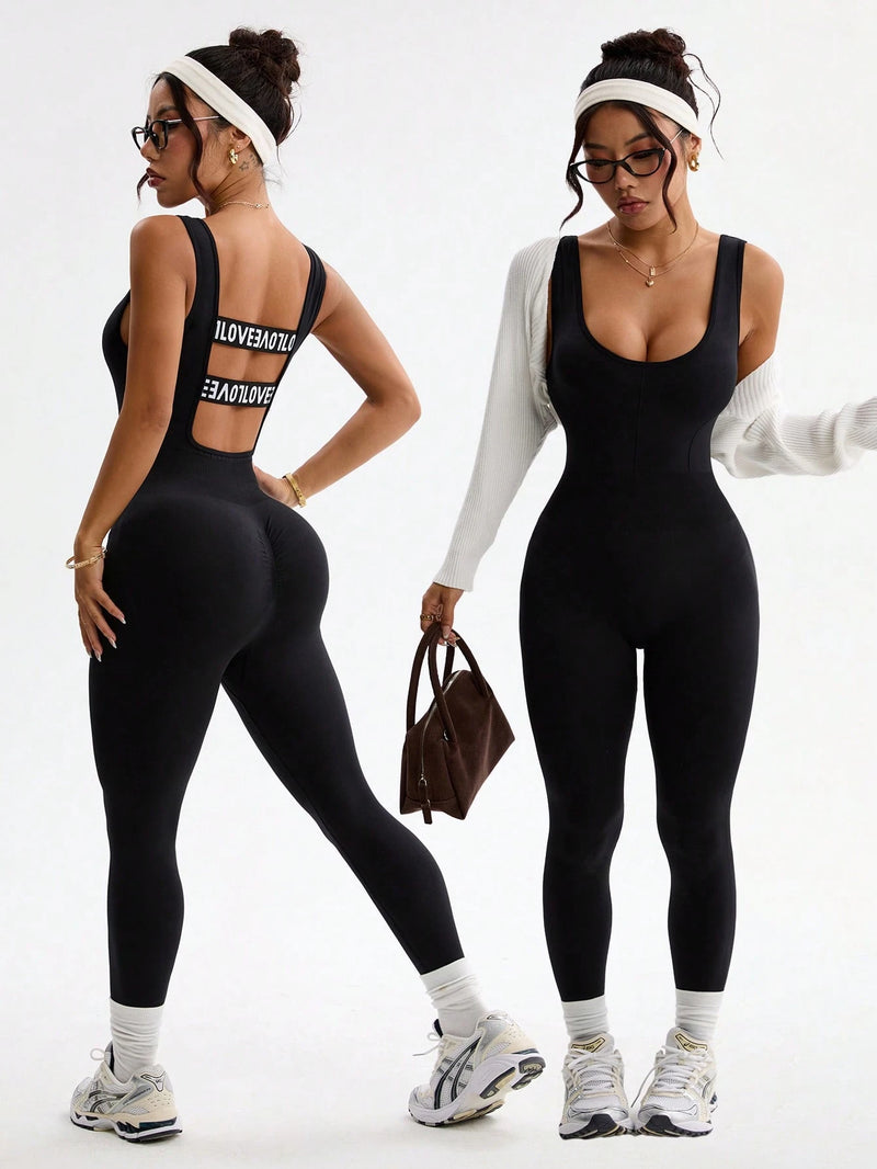 Slayform Macacão Ativewear Sem Costura, Monocromático, Decote Redondo e Sem Costas