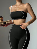 Easithlete Conjunto de Sutiã Esportivo e Legging Sem Costura com Estampa de Listras Rosas para Mulheres