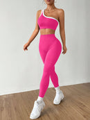 Dewbera Conjunto Esportivo Feminino com Camiseta Ioga Sem Costura Ombro Único, Levantamento de Bumbum e Alta Elasticidade