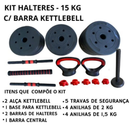 Kit Treino Funcional 10/15/20kg Halteres Barra Supino Kettlebell Preto