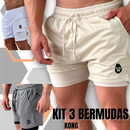 Kit 3 Bermudas Masculinas 2 em 1 KONG Premium Com Forro de Compressão e Suporte para Toalha
